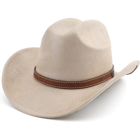 Accessories - Unisex Beige Western Faux Stitched Leather Band Classic Fedora Cowboy Felt Hat